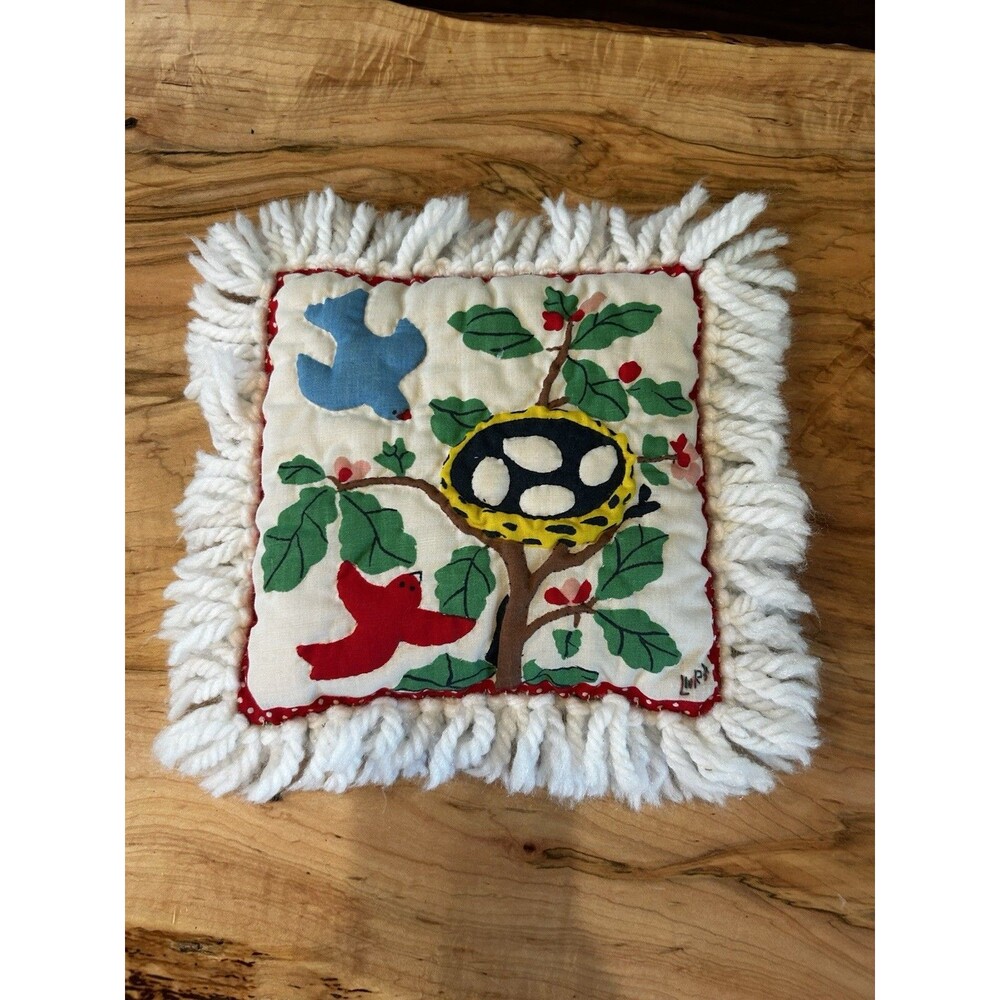 Vintage Handmade Bird Nest Pillow w/ Yarn Fringe Folk Art Cottagecore Decor OOAK